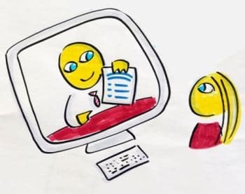 Zeichnung AMC Forum gezeichnete Frau schaut auf Monitor mit gezeichnetem Berater